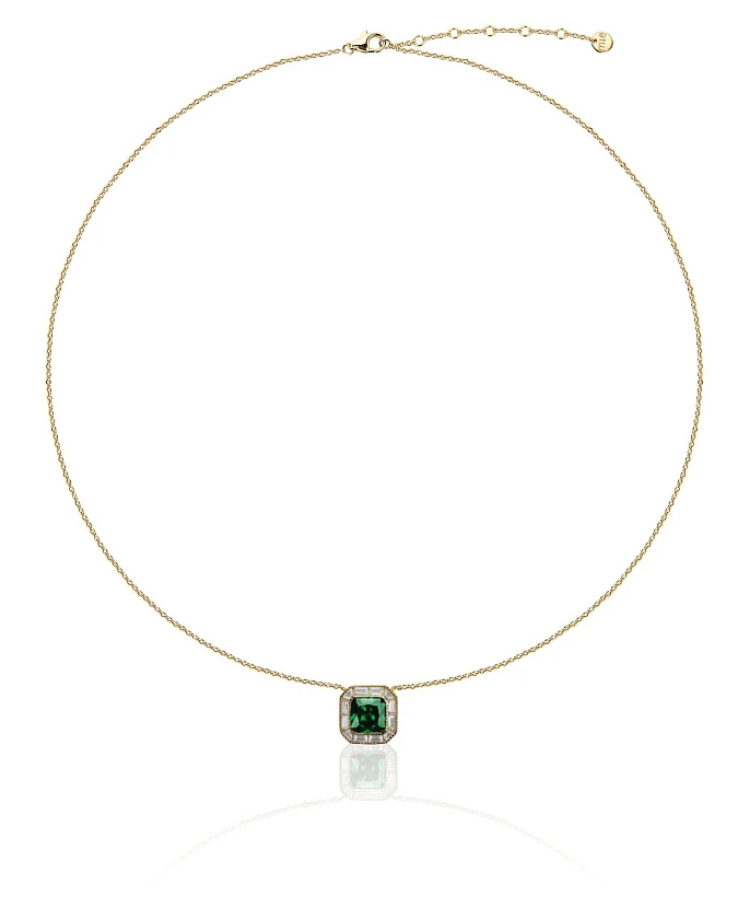 Серебряное колье с зеленым фианитом в покрытии желтое золото