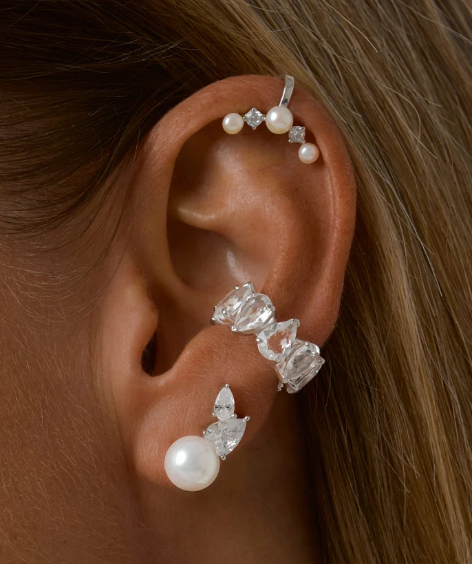 Серебряные серьги-клаймберы СИЦИЛИЯ с жемчугом и фианитами