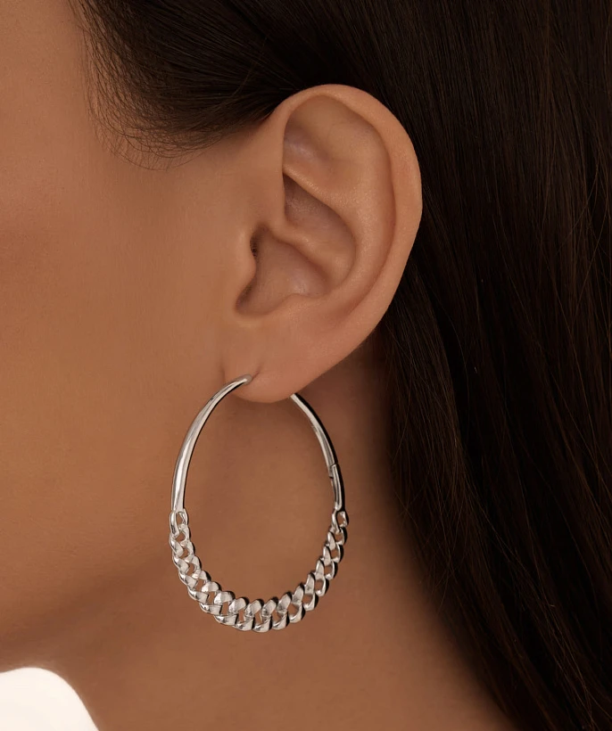 Серебряные крупные серьги кольца с декоративной цепью MIESTILO 