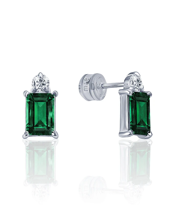 Серьги пусеты "Энергия" с зелёным фианитом из серебра