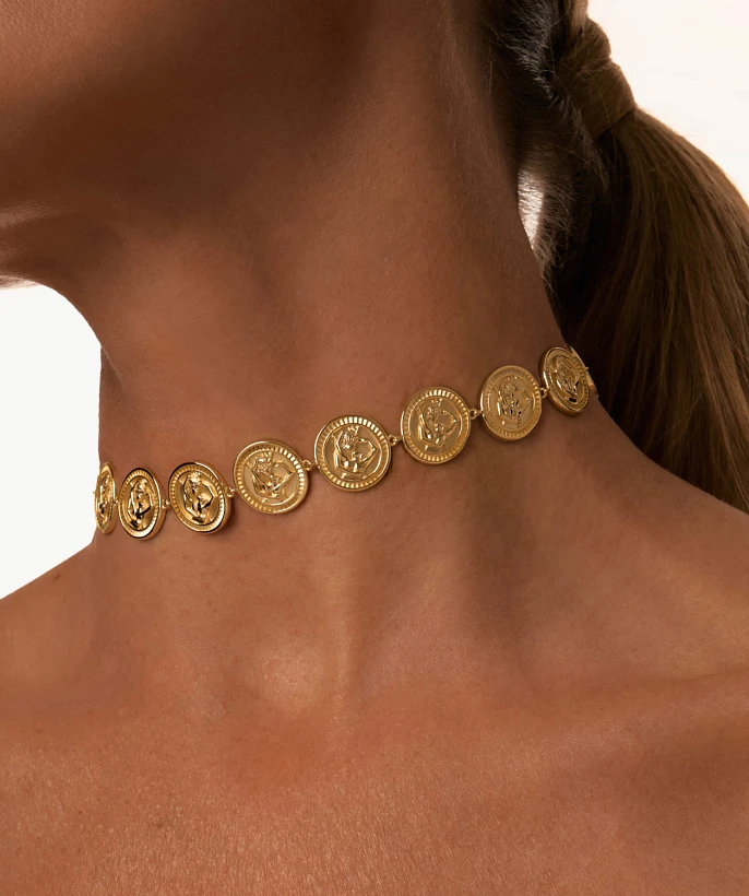 Серебряное колье-чокер из монет АМУР в покрытии желтое золото