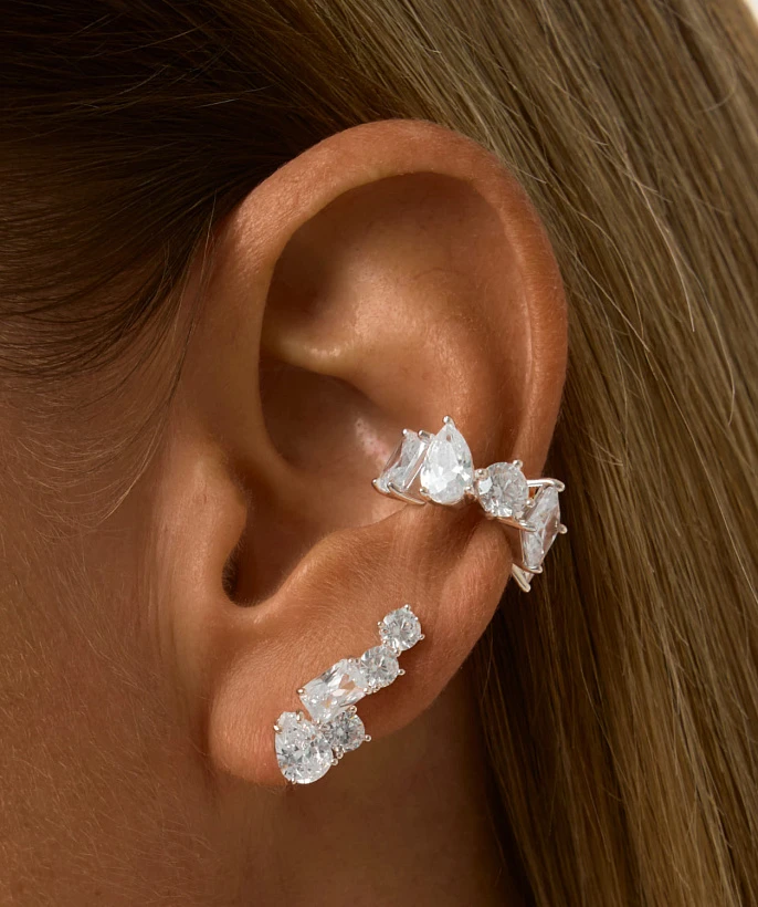 Серебряные серьги-клаймберы с фианитами