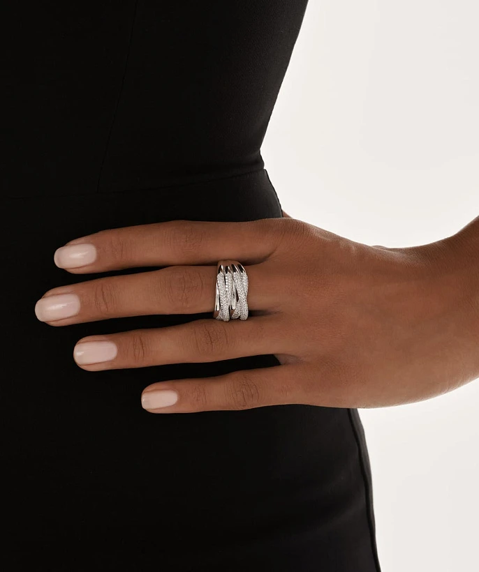 Кольцо многослойное с фианитами серебряное