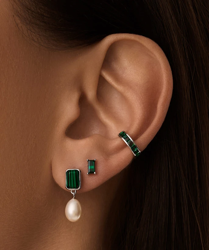 Серебряные серьги с синтетическим малахитом и культивированным речным жемчугом MIESTILO 