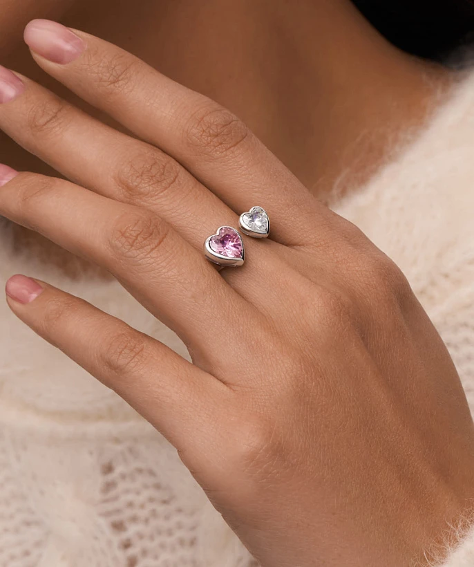 Серебряное разомкнутое кольцо SWEETHEART с двумя сердцами