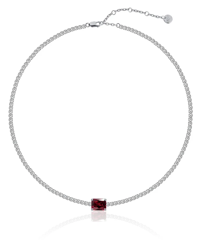 Теннисное серебряное колье-чокер с бордовым камнем