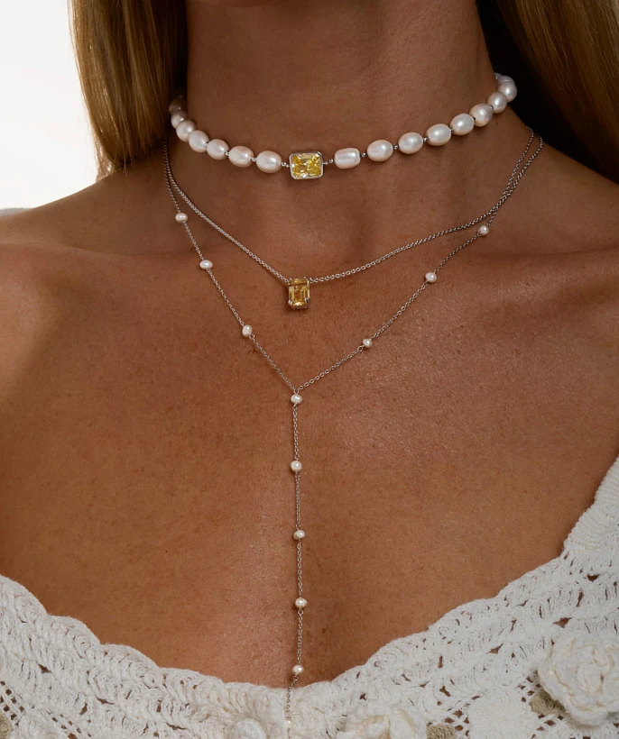Серебряный чокер СИЦИЛИЯ из жемчуга с желтым фианитом