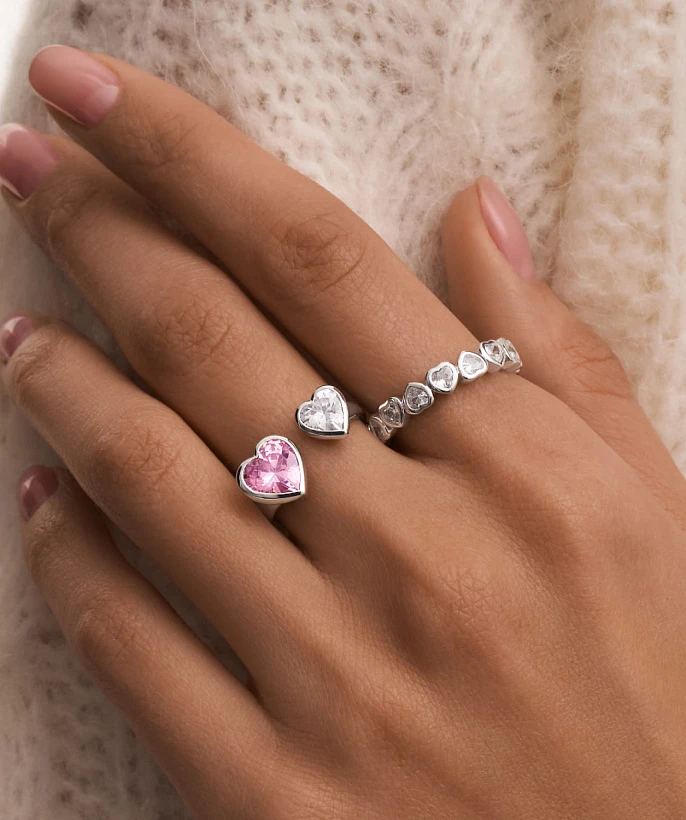 Серебряное разомкнутое кольцо SWEETHEART с двумя сердцами