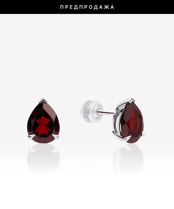 Серебряные серьги-пусеты ЭРОС с натуральным гранатом