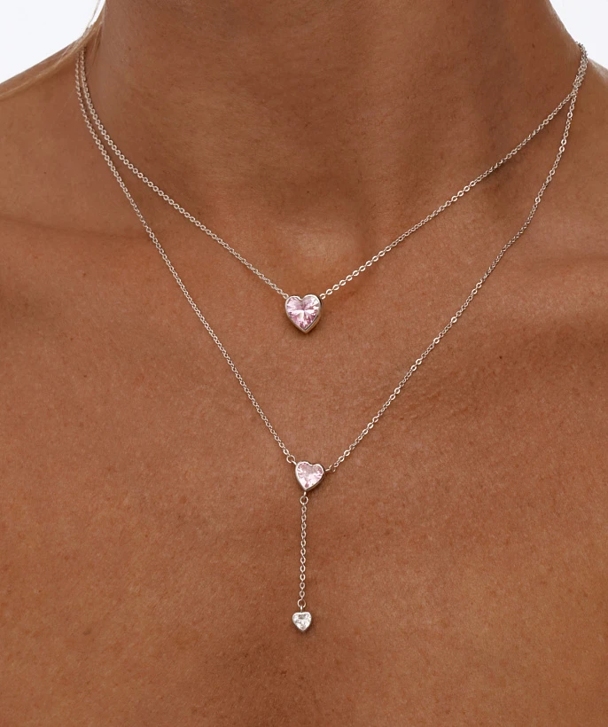 Серебряное колье ЛЮБОВЬ с розовым сердцем