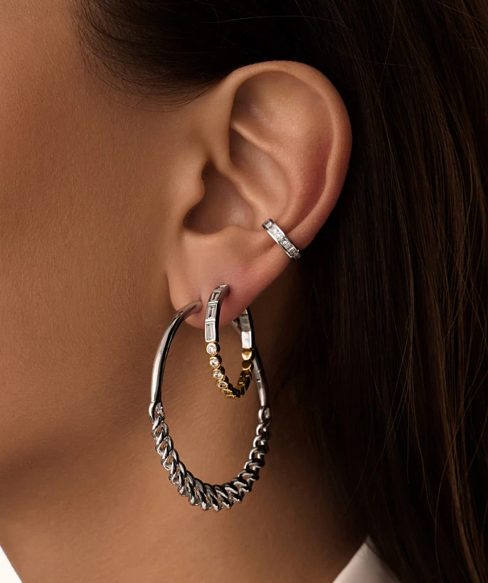 Серебряные крупные серьги кольца с декоративной цепью MIESTILO 